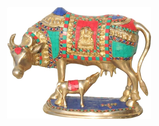 Brass Showpiece Cow with Calf Stone Statue - 14*8*10 inch (BS804 A)