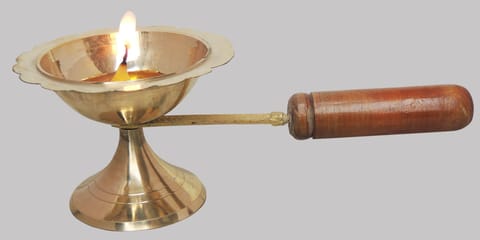Brass Table Decor Oil Lamp Deepak With Wooden Handle   - 7.3*3.5*2.6 inch (F627 D)