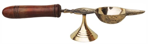 Brass Table Decor Oil Lamp Deepak With Wooden Handle   - 10.5*2.4*2.2 inch (F363 F)