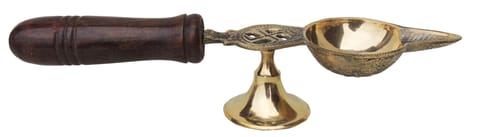 Brass Table Decor Oil Lamp Deepak With Wooden Handle   - 2*9.5*2 inch (F363 E)