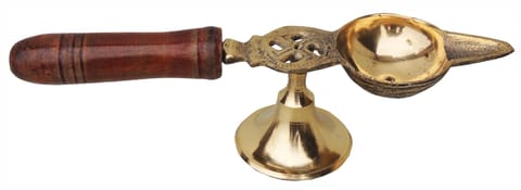 Brass Table Decor Oil Lamp Deepak With Wooden Handle   - 7.5*1.8*1.8 inch (F363 D)