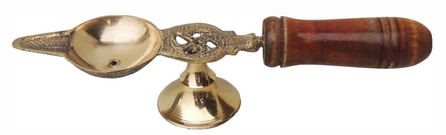 Brass Table Decor Oil Lamp Deepak With Wooden Handle - 6.5*1.5*1.2 inch (F363 B)