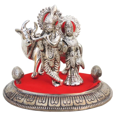 Aluminium Showpiece Radha Krishna Cow Silver Statue - 7*5*5.3 Inch (AS160 S)