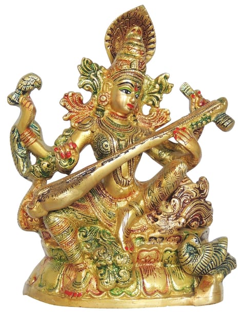 Brass Showpiece Saraswati Color God Idol Statue - 8*4*10.5 Inch (BS1413 L)