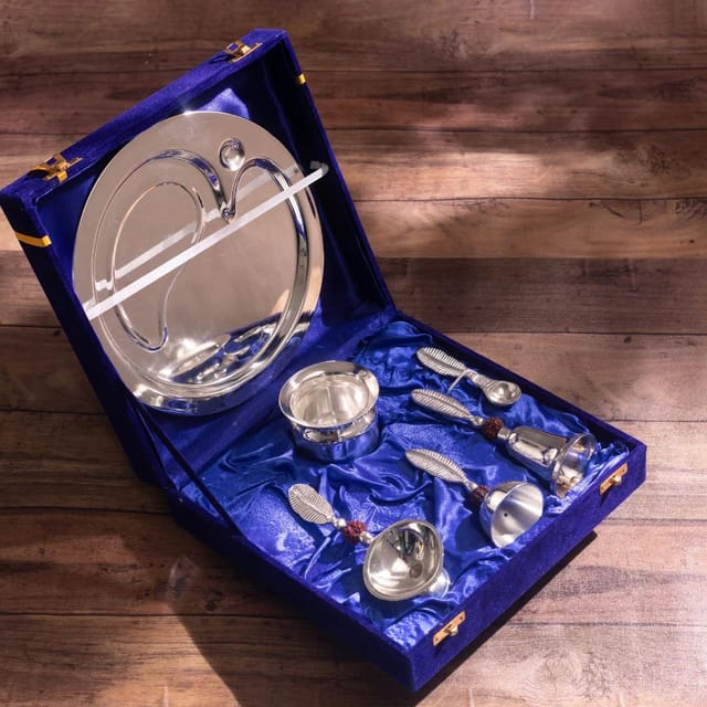 Brass Silver Plated Pooja Thali Set (B291 S)