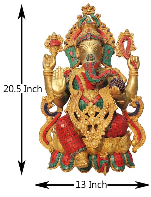 Brass Showpiece Ganesh ji With Stone Work Statue - 13*9.5*20.5 Inch ( BS1138 C )