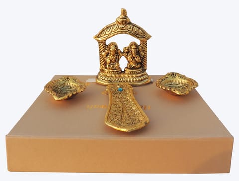 Aluminium Diwali Pooja Set With Agarbatti Stand, Deepak & Laxmi Ganesh Pair Statue (AS428 C)