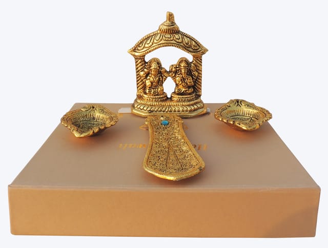 Aluminium Diwali Pooja Set With Agarbatti Stand, Deepak & Laxmi Ganesh Pair Statue (AS428 C)