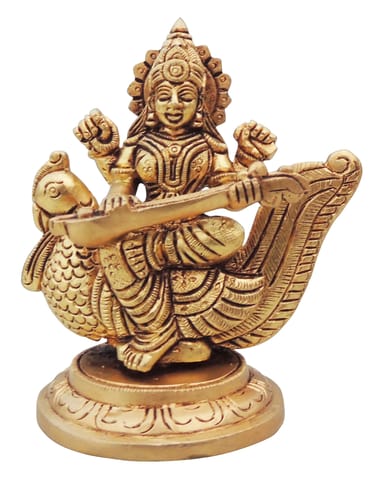 Brass Showpiece Saraswati On Peacock  God Idol Statue - 4*2.7*4.5 Inch (BS1637 S)