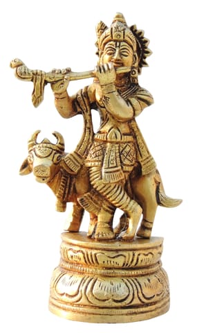 Brass Showpiece Cow Krishna Small God Idol Statue - 2.5*1.5*24.5 Inch (BS802 C)