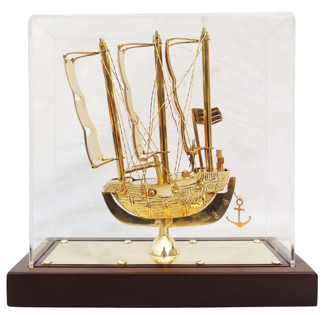 Brass Decorative Showpiece Ship Covered With Box, Wooden Base - 9*4*8.5 Inch (MR238 A)