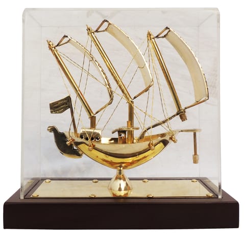 Brass Decorative Showpiece Ship Covered With Box, Wooden Base - 9*4*8.5 Inch (MR238 B)