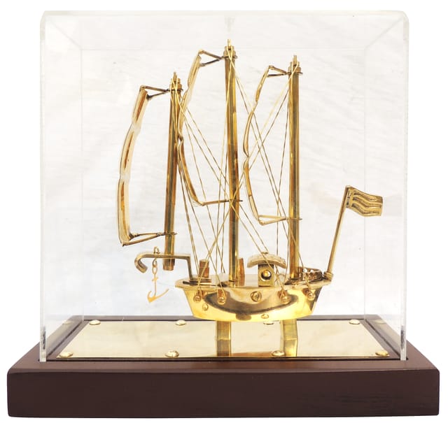 Brass Decorative Showpiece Ship Covered With Box, Wooden Base - 9*4*8.5 Inch (MR238 C)