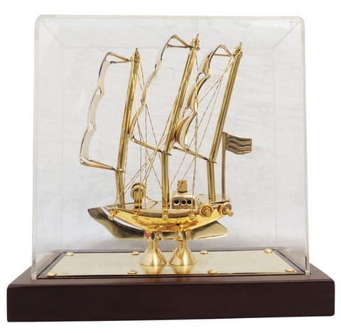 Brass Decorative Showpiece Ship Covered With Box, Wooden Base - 9*4*8.5 Inch (MR238 D)