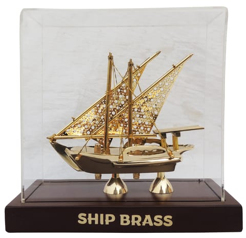 Brass Decorative Showpiece Ship Covered With Box, Wooden Base - 9*4*8.5 Inch (MR238 E)