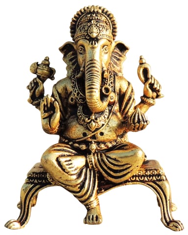 Brass Showpiece Ganesh On Chowki God Idol Statue, Made From Machine - 2.6*1.2*3.2 Inch (BS1699 G)