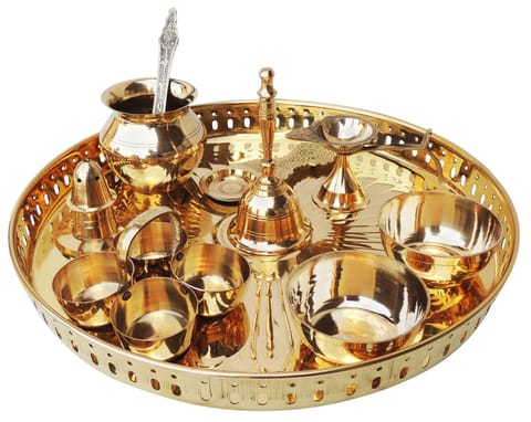 Brass Puja Thali Set With Multiple Items - 12*12*1.3 inch (Z476 E)