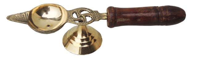Brass Table Decor Oil Lamp Deepak With Wooden Handle   - 7*1.5*1.4 inch (F363 C)