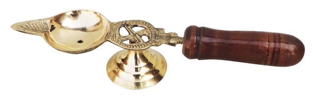 Brass Table Decor Oil Lamp Deepak With Wooden Handle  - 6.3*1.4*1 inch (F363 A)