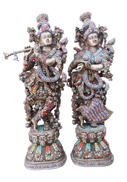 Brass Radha Krishna Stone Silver Antique-10*6.3*28.5 (BS302)