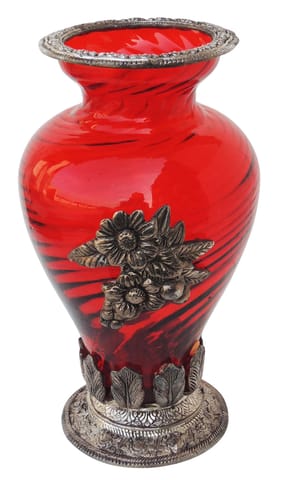 Aluminium Showpiece Flower Pot Glass Red Statue - 6*6*10.5 Inch (AS147 D)