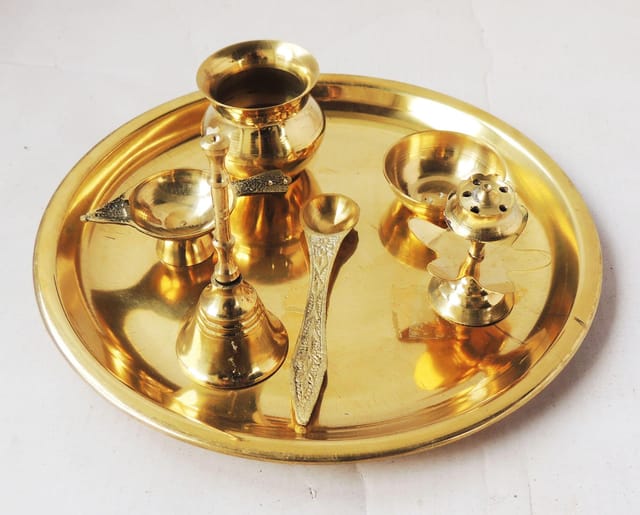 Brass Puja Thali Set - 7.5*7.5*0.05 inch (Z384 C)