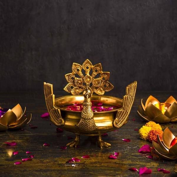 Festive Decoration Brass Home Decor Hand Carved Peacock More Design Urli/Pot - 8*9*8.5 inch (BS1156 A)