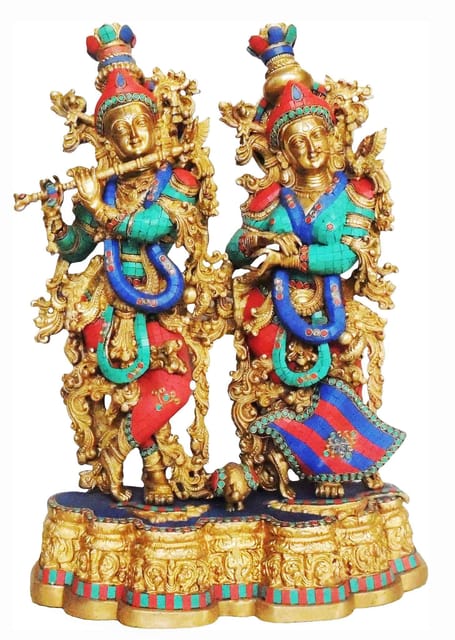 Brass Showpiece Radha Krishna same base Big stone God Idol Statue  - 20*12*28 inch (BS425)