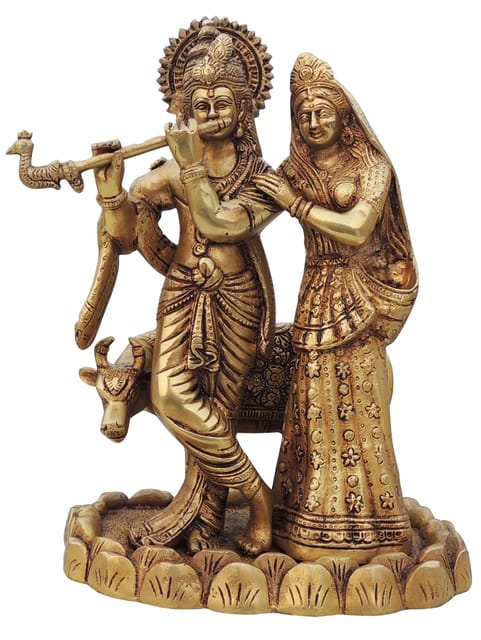Brass Showpiece Radha Krishan Pair With Cow God Idol Statue  - 7.5*6*11 inch (BS1035 C)