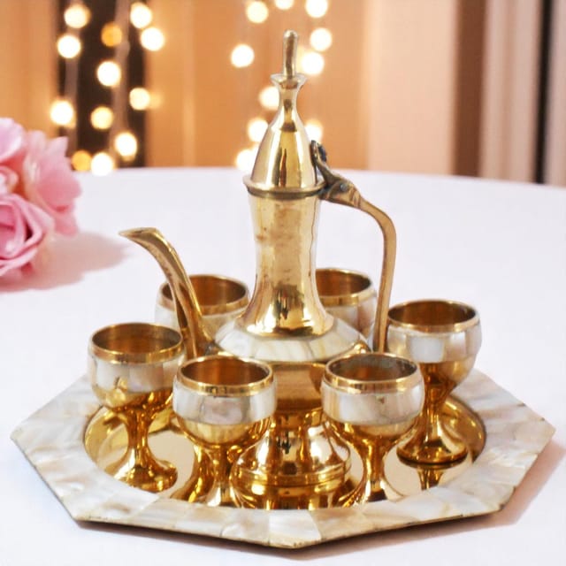 Brass Wine Set With Seep Work 6 Glass 1 Surahi 1 Tray Miniature Toy For Children Playing - 6*6*N/A inch (Z363 C)