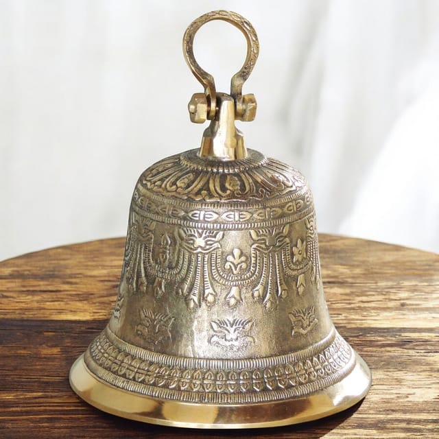 Brass Hanging Temple Pooja Bell, Ghanta Embose - 7.5*7.5*10.5 inch (Z221 F)