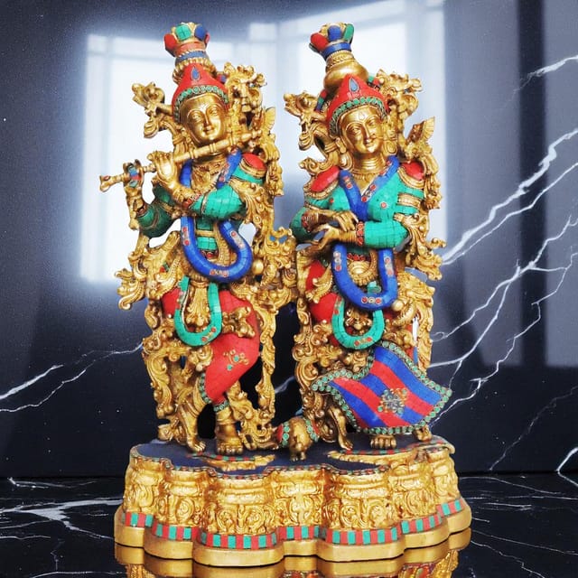 Brass Showpiece Radha Krishna same base Big stone God Idol Statue  - 20*12*28 inch (BS425)