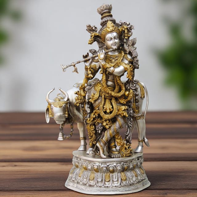 Brass Krishna with Cow Idol-17*10*28 (BS671 B)
