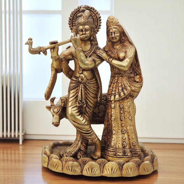 Brass Showpiece Radha Krishan Pair With Cow God Idol Statue  - 7.5*6*11 inch (BS1035 C)