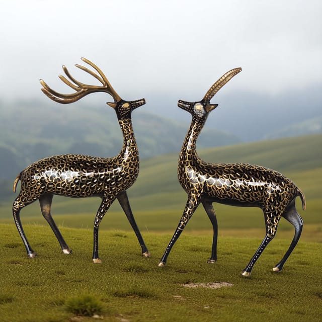 Brass Showpiece Deer Pair Statue With Black Finish- 13*1.7*9 inch (AN213 B)