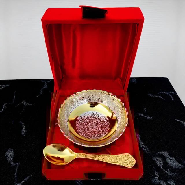 Brass Decorative Bowl Do Patti 2 Tone With Spoon (B137)