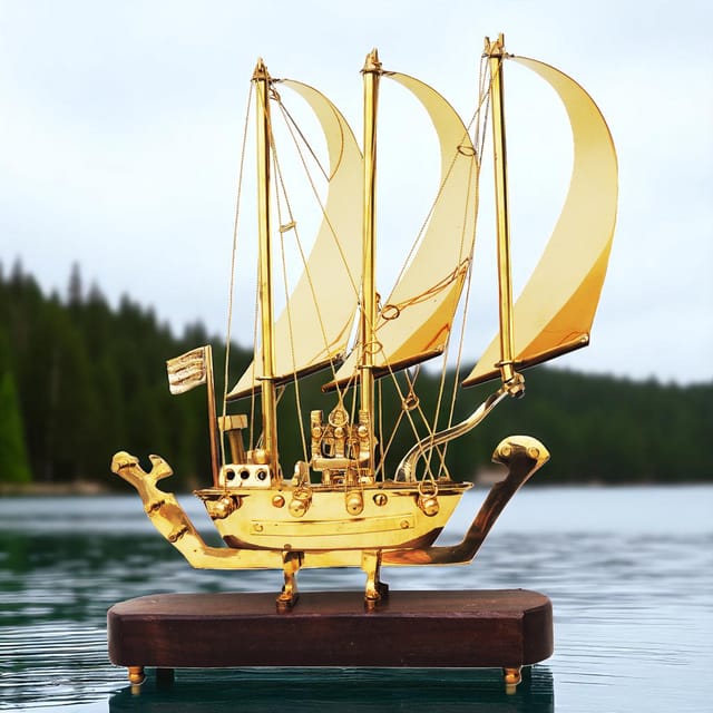 Brass Table Decor Showpiece Ship With Wooden Base - 9*3*11.8 inch (MR129 A)