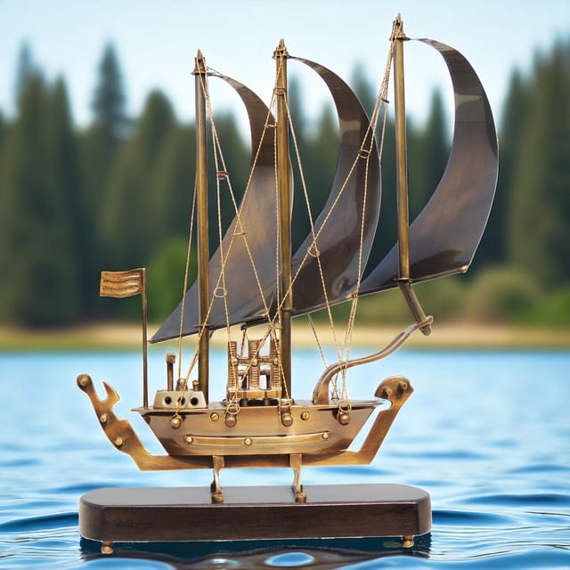 Brass Table Decor Showpiece Ship With Wooden Base - 12*3.4*15 inch (MR172 B)