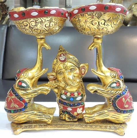 Aluminium Showpiece Double Bowl With Ganesh & Elephant - 9*4*8.5 Inch (AS509 X)