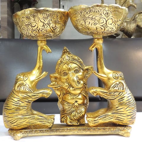 Aluminium Showpiece Double Bowl With Ganesh & Elephant - 9*4*8.5 Inch (AS509 G)