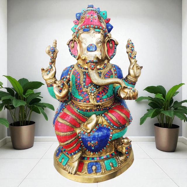 Brass Showpiece Ganesh Ji Big Stone God Idol Statue - 17.5*10.5*27.2 inch (BS609)