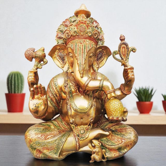 Brass Showpiece Ganesh Ji Colour God Idol Statue - 14*9.5*18 inch (BS492 A)