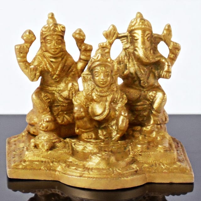 Brass Showpiece Gaensh Laxmi & Kuber Ji Maharaj God Idol Statue - 3.5*3.5*2.8 inch (BS1115 C)