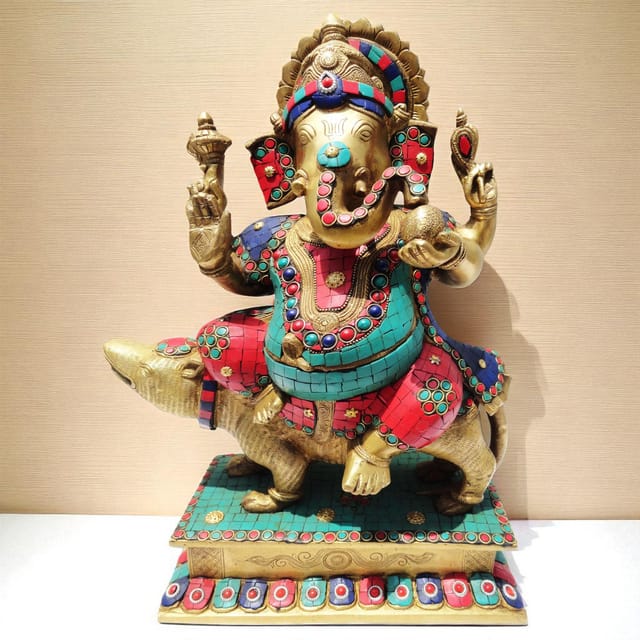 Brass Showpiece Ganesh ji Sitting On Rat Statue - 11*6.4*18 Inch (BS149)