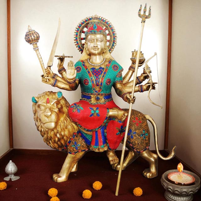 Brass Showpiece Durga Ji God Idol Statue - 31x13.5x35.3 Inch (BS978 E)