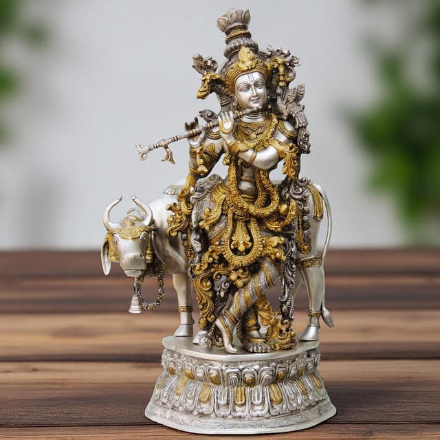 Brass Krishna with Cow Idol-17*10*28 (BS671 B)