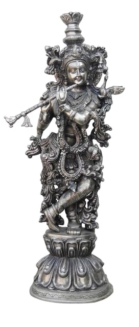 Brass Showpiece Krishna Statue With Silver Antique Finish - 7.5*5.8*23.5 Inch (BS369)