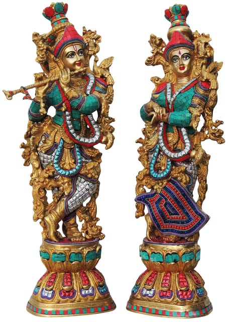 Brass Showpiece Radha Krishna Pair Statue With Coral Stone Finish - 9.8*6.5*28 Inch (BS468)