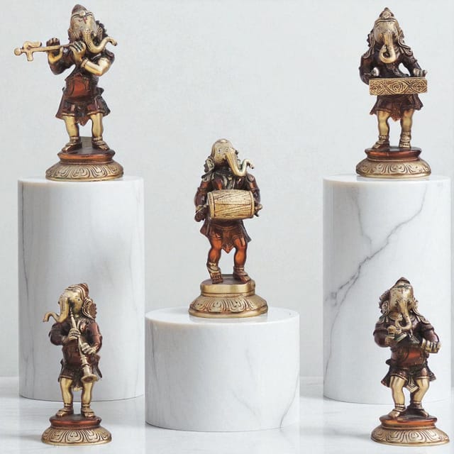 Brass Showpiece Musical Ganesh Set Of 5 Pcs Statue - 3.5*2.5*7.5 Inch (BS1326 G)