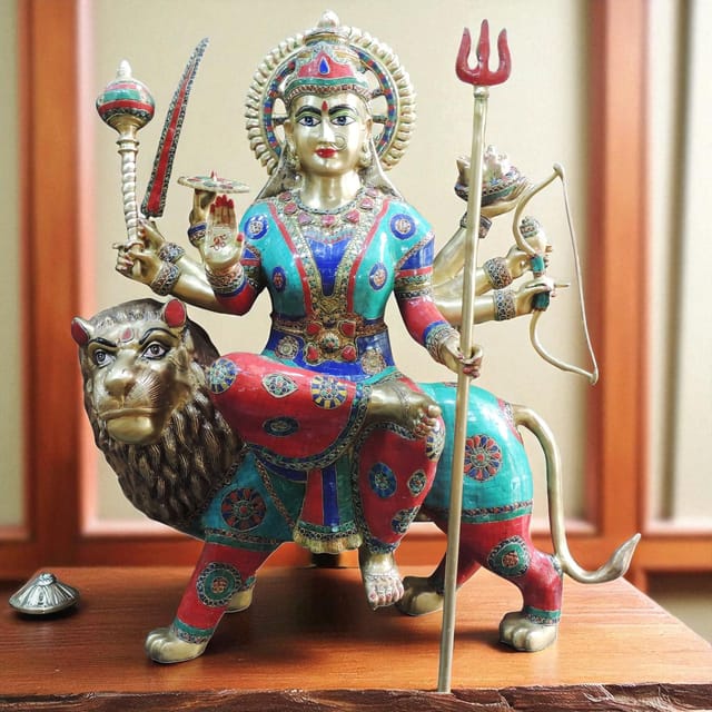 Brass Showpiece Durga Ji Stone Finish with Lacquer God Idol Statue - 32*13.5*35 Inch  (BS1500 A)